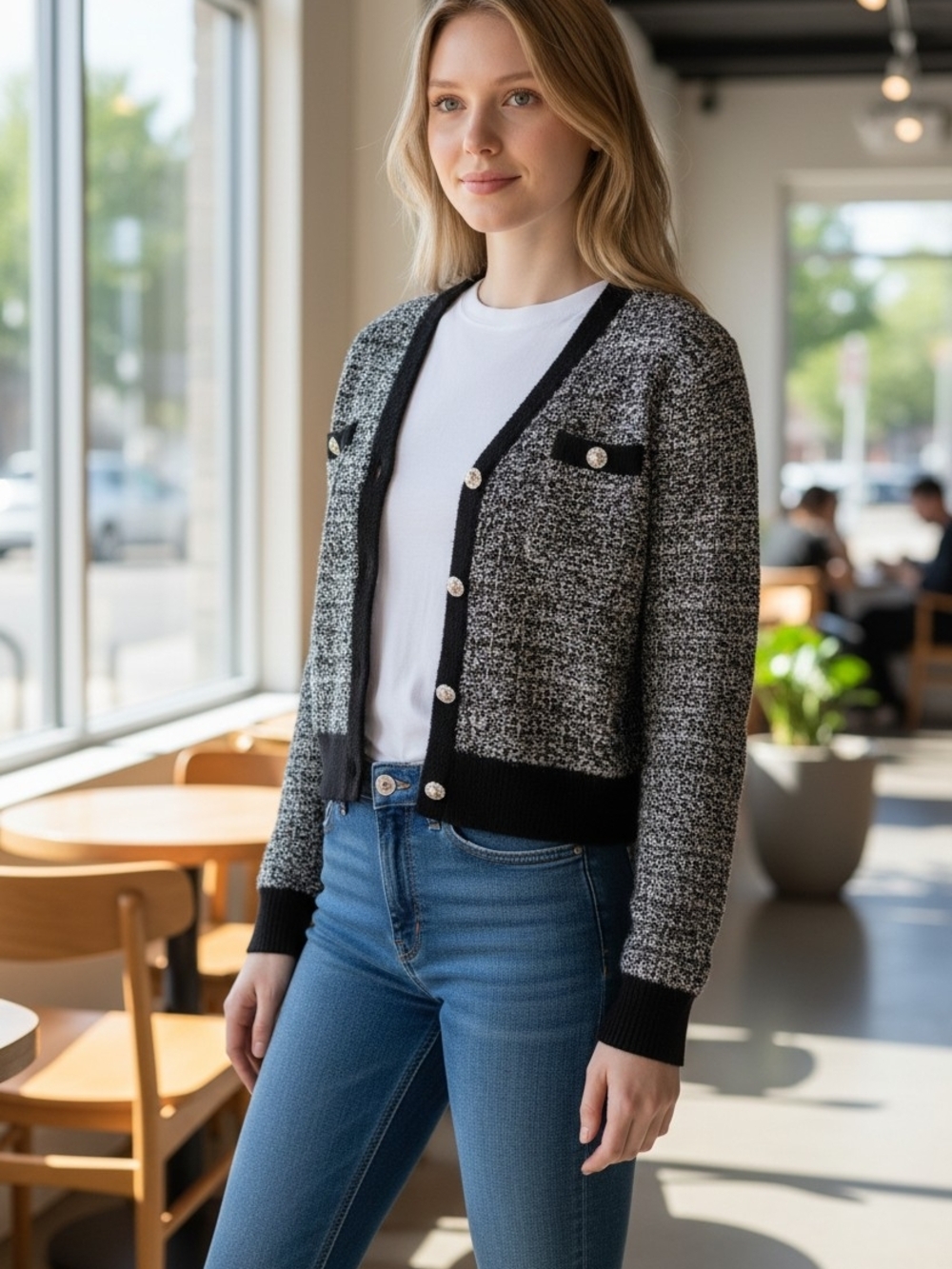 Laundry By Shelli Segal Black and White Tweed Cardigan with Pearl Preloved Lg